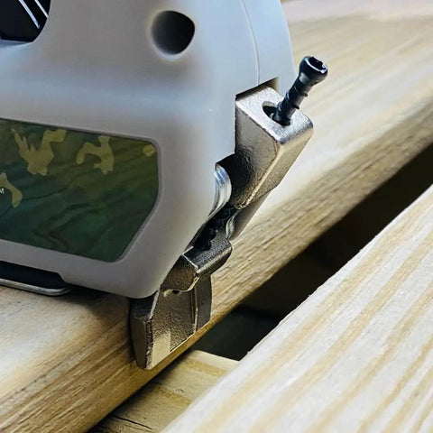 Edge Deck Tool For Hidden Fastening With 1/16 Inch Spacing, Fits 5 1/4 To 5 3/4 Inch Wood Decking, tool in action on board.