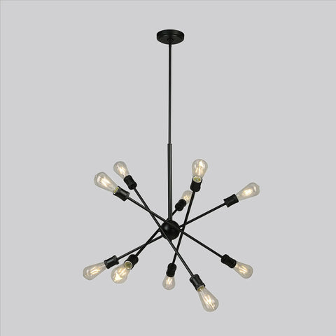 Etris Row 10-Light Sputnik Pendant Chandelier, Statement Piece With Adjustable Arms, Matte Black Finish, Open Bulb Fixture