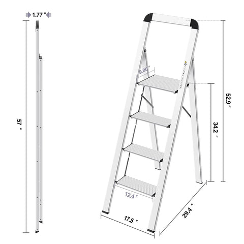 Lightweight Aluminum 4 Step Ladder With Non Slip Pedals And Built In Handrail Foldable Space Saving Step Stool For Kitchen Garage And Home Durable Portable Rust Proof Design For Safer Reaches, 57 in folded