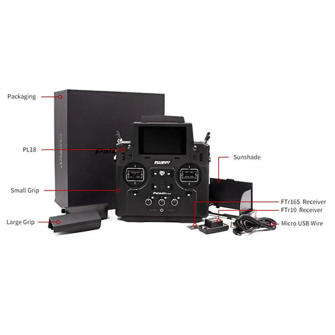 Flysky Paladin PL18 2.4GHz 18CH Radio Transmitter with FS-FTr10 and FTr16S Receiver, packaging, grips, and accessories shown