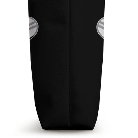 Black side view of Dragon Boat Paddler Tote Bag For Dragonboating Enthusiasts, showing reinforced seams and circular logo detail.