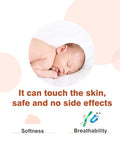 Sleeping baby on white background with text 'It can touch the skin, safe and no side effects' above softness and breathability icons.