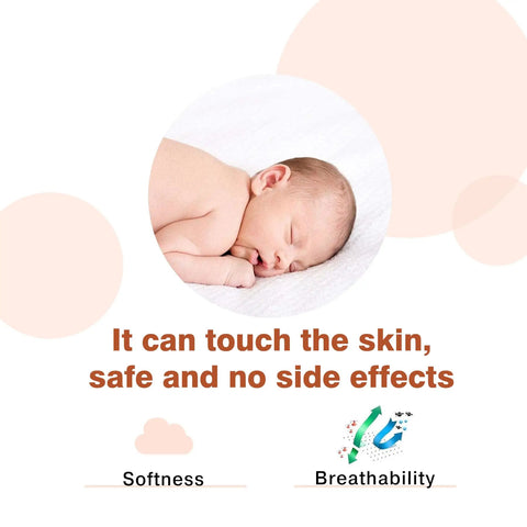 Sleeping baby on white background with text 'It can touch the skin, safe and no side effects' above softness and breathability icons.