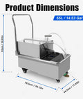 Top Shelf Heavy Duty Commercial Deep Fryer Oil Filter Machine 55 Liter 14 Gallon showing dimensions and cart design.