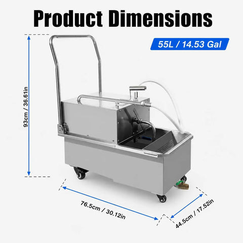 Top Shelf Heavy Duty Commercial Deep Fryer Oil Filter Machine 55 Liter 14 Gallon showing dimensions and cart design.