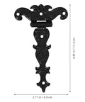 Vintage Style Black Zinc Alloy Tee Door Hinges 2 Pack Slip Joint Lift Off shown with detailed measurements and ornate design.