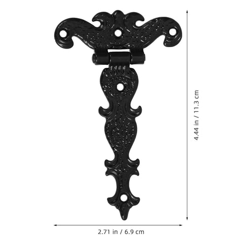Vintage Style Black Zinc Alloy Tee Door Hinges 2 Pack Slip Joint Lift Off shown with detailed measurements and ornate design.