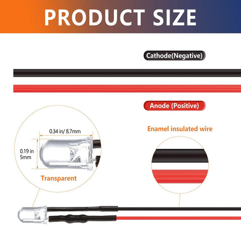 Diagram showing dimensions and wiring details of the Dope 60 Pack 12V Prewired LED Lights With Holders No Soldering Needed.