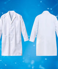 Front and back view of white lab coat from Totally Fun Kids Science Costume Lab Coat Kit With Goggles ID Card Petri Dishes Dropper And Tweezers For Pretend Play Dress Up And Role Play Gift For Boys And Girls.