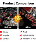 Image showing a before and after comparison of engine wire organization, using 12 Piece Aluminum Spark Plug Wire Separator Kit For 8mm 9mm 10mm Wires Engine Cable Divider Set Keeps Spark Wires Separate And Looking Slick In Black Finish Aviation Grade Aluminum For Durable Car Engine Bay Organization.
