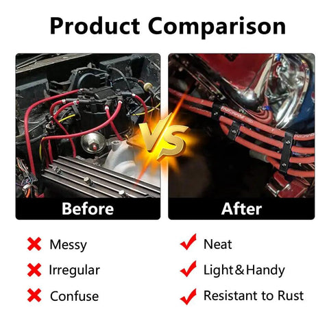 Image showing a before and after comparison of engine wire organization, using 12 Piece Aluminum Spark Plug Wire Separator Kit For 8mm 9mm 10mm Wires Engine Cable Divider Set Keeps Spark Wires Separate And Looking Slick In Black Finish Aviation Grade Aluminum For Durable Car Engine Bay Organization.