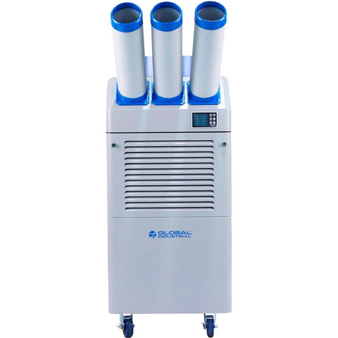 Heavy Hitter Commercial Portable Air Conditioner Cranking 29000 BTU showing front view with three exhaust hoses and control panel.