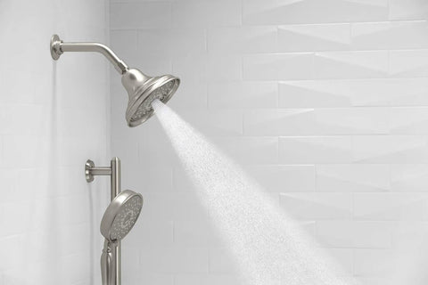 Bancroft Three Function Shower Head With Katalyst Massage And Silk Sprays, 2.5 GPM Handheld Showerhead In Polished Chrome spraying water