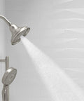 Bancroft 3 Function Showerhead With Katalyst Massage And Silk Sprays In Vibrant Brushed Nickel MasterClean Nozzles, shower arm view