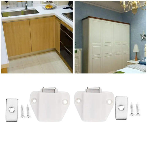 Strong Magnetic Catch Door Latch Set 8pcs with 7x4x1.6cm white ABS catches for cabinets and doors shown in kitchen and bedroom.