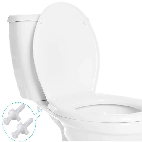 No Sweat Toilet Seat Screw Kit Featuring Heavy Duty Plastic Bolts And Tight Locking Nuts For Quick Bathroom Fixes and a close-up of toilet seat with bolts.