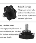 Black star knob made of 304 stainless steel with smooth surface, description highlighting its corrosion resistance and durability.