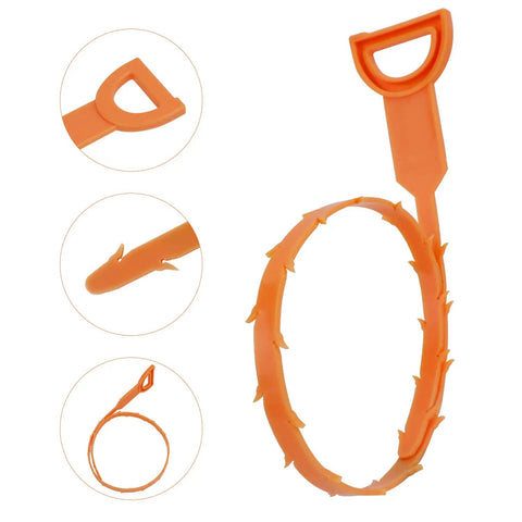 Six Pack Heavy Duty Drain Snake Set With Five Plastic And One Stainless Steel Hair Clog Remover For Toilet Kitchen Sink Bathtub And Sewer busts stubborn jams fast. Close-up of orange plastic drain snake tool.