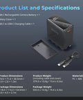 Alt Tag: 10500mAh NP-F970 Replacement Battery With PD 36W Fast Charging for Sony, Canon, Nikon with USB-C cable and dimensions.