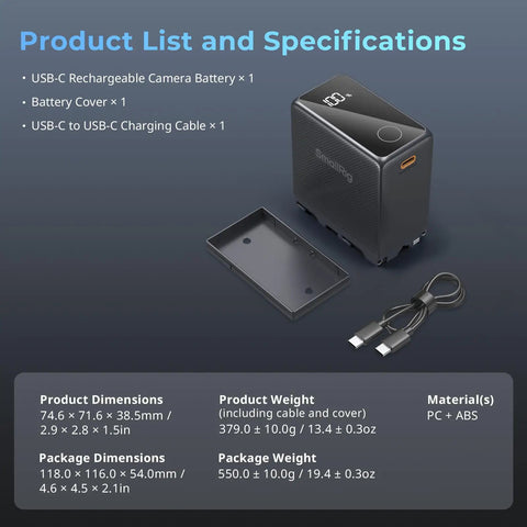 Alt Tag: 10500mAh NP-F970 Replacement Battery With PD 36W Fast Charging for Sony, Canon, Nikon with USB-C cable and dimensions.