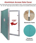 Oversized Drywall Access Panel Flush Mount Paintable Metal Ceiling Hatch Hidden Utility Door Sleek Design Badass Durability No Hassle Setup Top Shelf Gear For Home Tweaks 28 By 48 Inches showing aluminum frame with 120° opening.