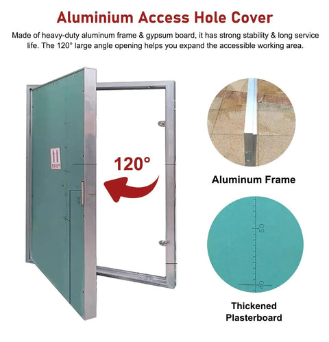 Oversized Drywall Access Panel Flush Mount Paintable Metal Ceiling Hatch Hidden Utility Door Sleek Design Badass Durability No Hassle Setup Top Shelf Gear For Home Tweaks 28 By 48 Inches showing aluminum frame with 120° opening.