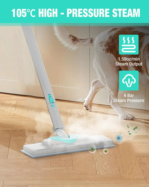 Heavy Duty 1500W Steam Cleaner With 4 Bar Pressure And 1.5L Tank Plus 16 Accessories For Boss Level Clean on wooden floor.