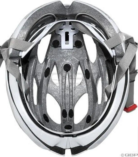 Inside view of a bicycle helmet showing internal padding and adjustable straps, highlighting safety features for road biking.