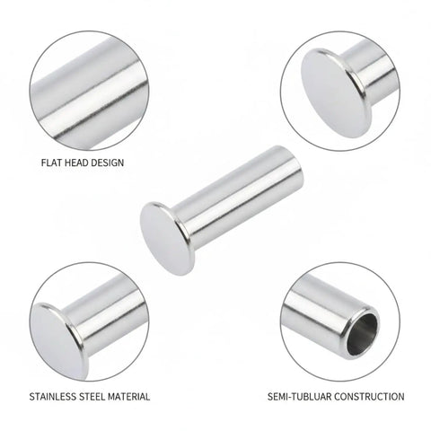 Top Shelf Stainless Steel Semi Tubular Rivets Featuring Flat Head Profile For Slick Sheet Metal Joining And Dead Solid Fastening Assembly Every Contractor Relies On, showcasing flat head design and stainless steel material.