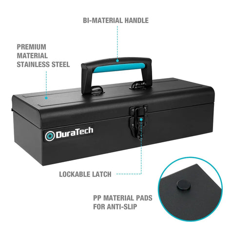 Built Different 15 Inch Carbon Steel Tool Box With Secure Metal Latch Heavy Duty Handheld Case For Garage Setup And Crew Calls Anti Corrosion Finish Keeps Essential Gear Locked