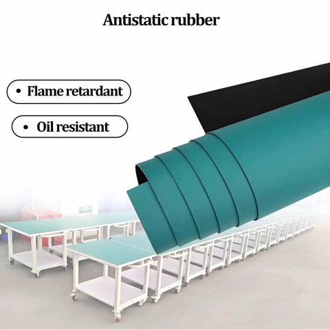 Antistatic rubber sheet showcasing flame retardant and oil resistant properties for Real Workhorse Three Tier Portable Workbench.