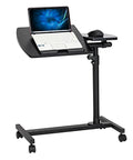 Crush Your Daily Grind With This Rock Solid Adjustable Height Rolling Computer Desk Featuring Lockable Casters And Portable Standing Workstation For Home Office Smooth Mobile Laptop Station Black, black rolling desk with laptop and mouse.