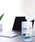 Ori-Lemoon pre-moistened Screen & Electronics monitor wipes container on desk with laptop in background