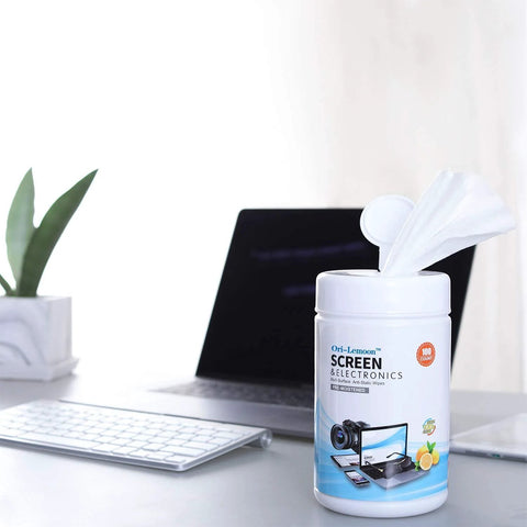 Ori-Lemoon pre-moistened Screen & Electronics monitor wipes container on desk with laptop in background