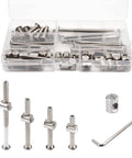 Heavy Duty Crib Screw Hardware Replacement Kit 28 Piece Set With M6 20 40 60 80 mm Hex Drive Socket Cap Screws And Barrel Nuts For Baby Cribs Zinc Plated Carbon Steel Durable Must Have Easy To Install shown in open box with screws, nuts, and wrench.