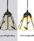 Pastoral Tiffany Style 3 Light Pendant Lamp With 10 Inch Green Leaves Stained Glass Shade turned off and on comparison