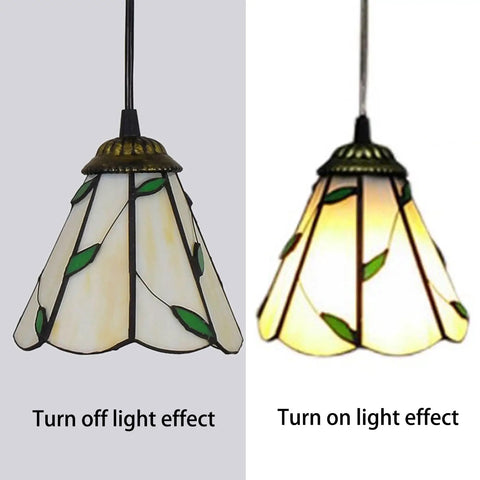 Pastoral Tiffany Style 3 Light Pendant Lamp With 10 Inch Green Leaves Stained Glass Shade turned off and on comparison