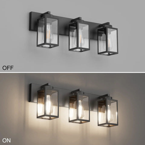 Black 3 Light Industrial Vanity Light For Bathroom Over Mirror Dimmable With E26 Sockets on and off views