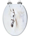 Toilet Seat Elongated for Bathroom with white horse design, 14.5" x 18.5", sturdy material and decorative art.