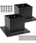 Easy Install 4x4 Post Base With 3.3x3.5 Inch Inner Size For Pergolas Fences Patios Porches Backyards Gazebos And Sheds Heavy Duty Outdoor Post Support Stand With Preinstalled Fasteners For Quick No Tools Needed Setup, showing two black post bases with screws.
