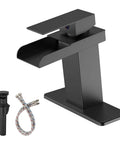 Waterfall Matte Black Bathroom Faucet With Single Handle Fits 1 Or 3 Hole Sinks Includes Pop Up Drain And Deck Supply Hoses No Fuss High Flow Water Sleek Modern Finish Easy Clean, showing sleek faucet design and included hoses and drain.