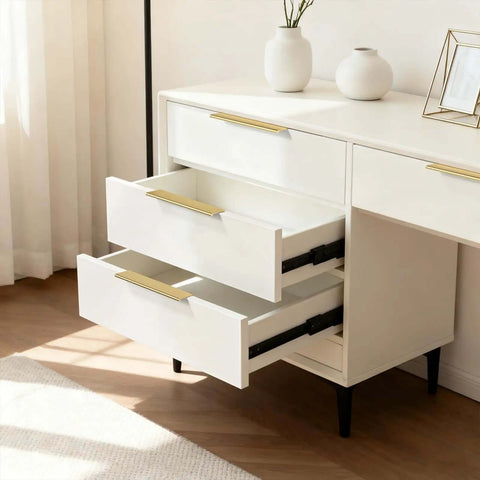 Open drawers with Matte Gold Cabinet Handles 7-1/2 Inch, 20 Pack Brushed Brass Drawer Pulls for Kitchen Cabinets, Dressers and Doors