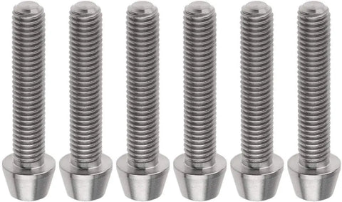Badass Titanium Hardware Kit Six Piece M8x40mm Inner Hexagon Full Thread Bolts Dead Nuts arranged in a row.