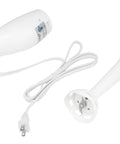 Knockout 200W Immersion Hand Blender With Stainless Steel Blades Whips Up Smoothies And Crushes Ice Effortlessly In Sweet White Finish With 2 Speed Settings For Easy Peasy Cleanup And Lightweight Grip Action On The Daily Chores showing hand blender body, blending wand, and power cord.