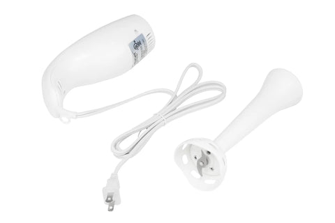 Knockout 200W Immersion Hand Blender With Stainless Steel Blades Whips Up Smoothies And Crushes Ice Effortlessly In Sweet White Finish With 2 Speed Settings For Easy Peasy Cleanup And Lightweight Grip Action On The Daily Chores showing hand blender body, blending wand, and power cord.