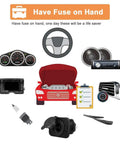 Rock Solid 50 Piece Standard Blade Fuse Assortment Kit ATC ATO APR Covering Ten Amp Ratings UL Listed components, car interior and dashboard visuals.