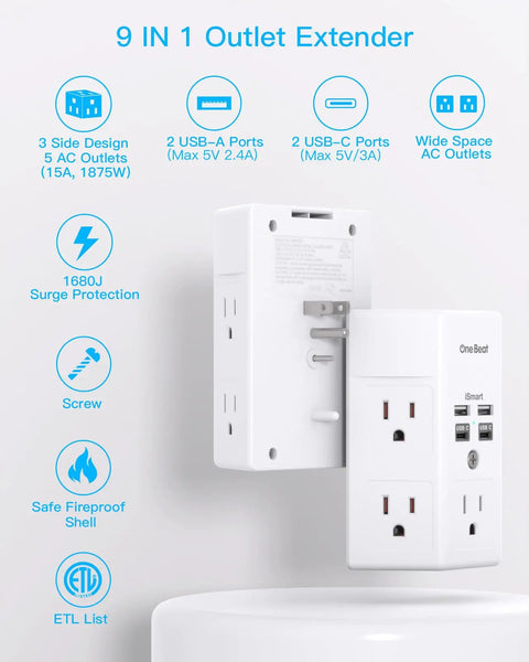 Diagram of 9 In 1 Surge Protector Wall Outlet Extender With Five AC Sockets And Four USB Ports 2 USB C 1680J Energy Absorption