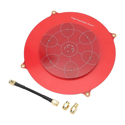 Red 5.8GHz Triple Feed Patch Antenna for Drones and UAVs, Circular Polarized Flat Panel Array with SMA connectors and 14dBi gain