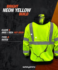 Back view of American Grit Hi Vis Hoodie for Men Built Tough, Class 3 Type R Safety Sweatshirt in neon yellow, Size Small.