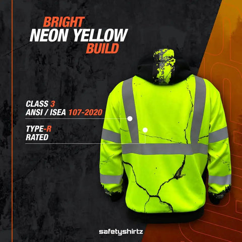 Back view of Hi Vis Safety Hoodie For Men Road Crew Ready, Heavy Duty Polyester With Soft Fleece Interior, Class 3 Type R Meets ANSI ISEA 107-2020, Yellow Large, Built Tough For Construction, Outdoor Jobs, And Hazardous Work